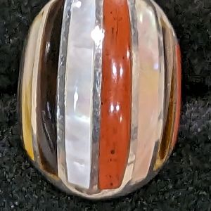 Size 7 Mother of pearl, tiger's eye and coral statement ring in SS
